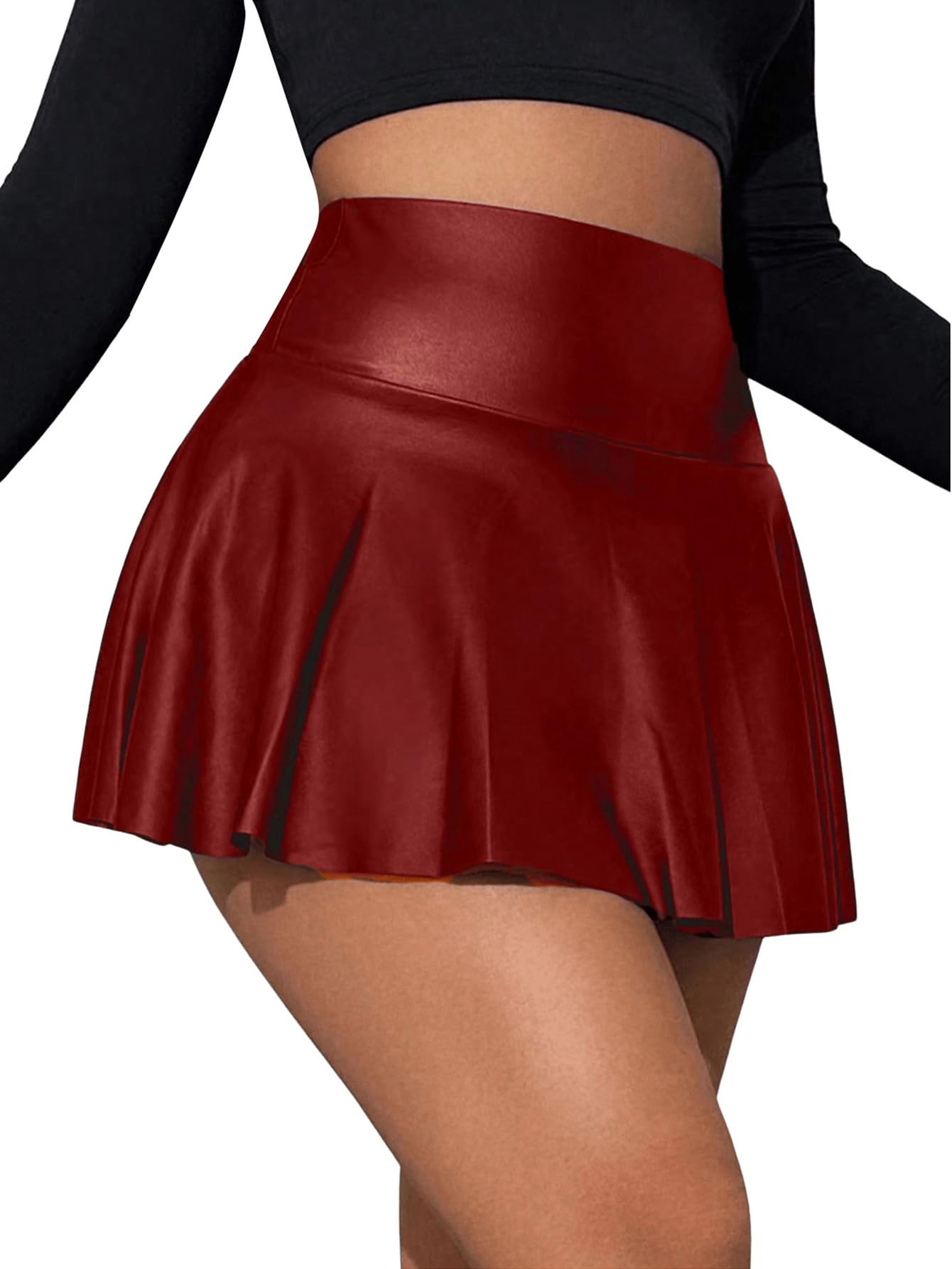 OYOANGLE Women's Pu Leather Elastic High Waist Skorts Ruffle Hem Casual Flared Skirt Shorts