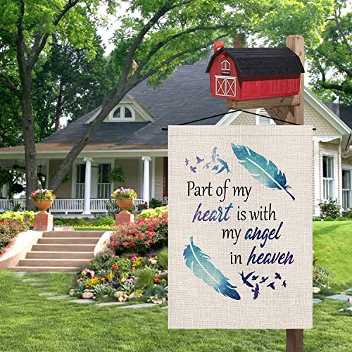 Memorial Cemetery Garden Flag, Part Of My Heart Is With My Angel In Heaven, Linen Double Sided Cemetery Memorial Religious Graveyard Outdoor Decoration 12.5 X 18 Inch #TOP4