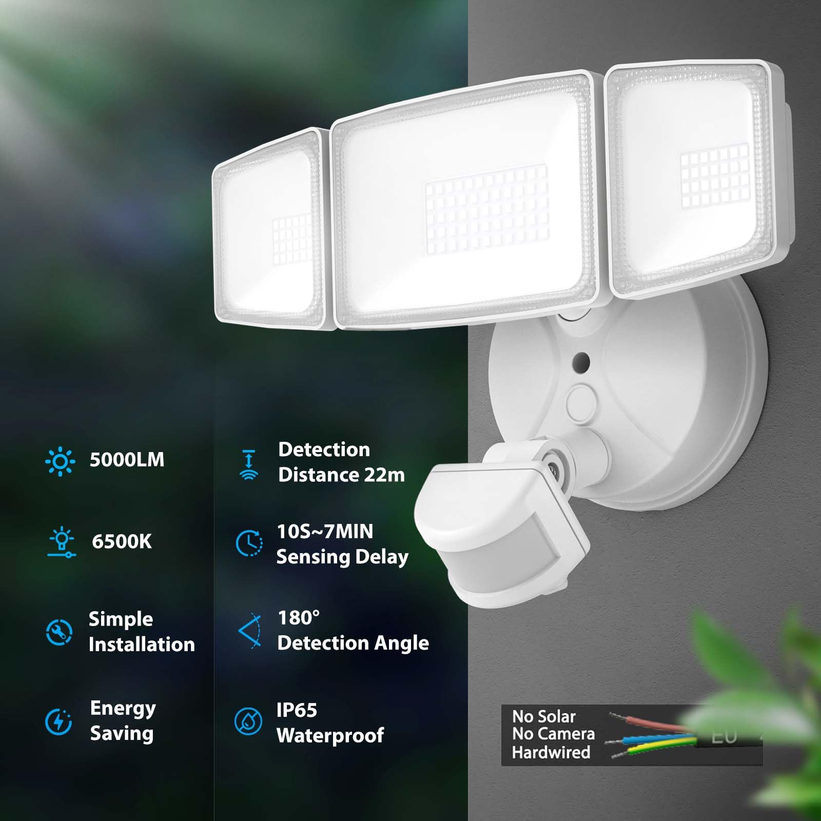 Onforu Reflektor LED z czujnikiem ruchu, na zewnątrz, 55 W, 5000 lm, reflektor zewnętrzny z regulowanymi 3 głowicami, 6500 K, zimna biel, IP65, wodoszczelny reflektor do garażu, ogrodu, na podwórko
