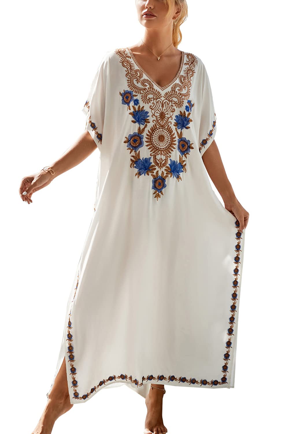 Brodé Floral Loose Caftan Boho Beach Bikini Cover Up Robe Plus Size Robe pour Femme