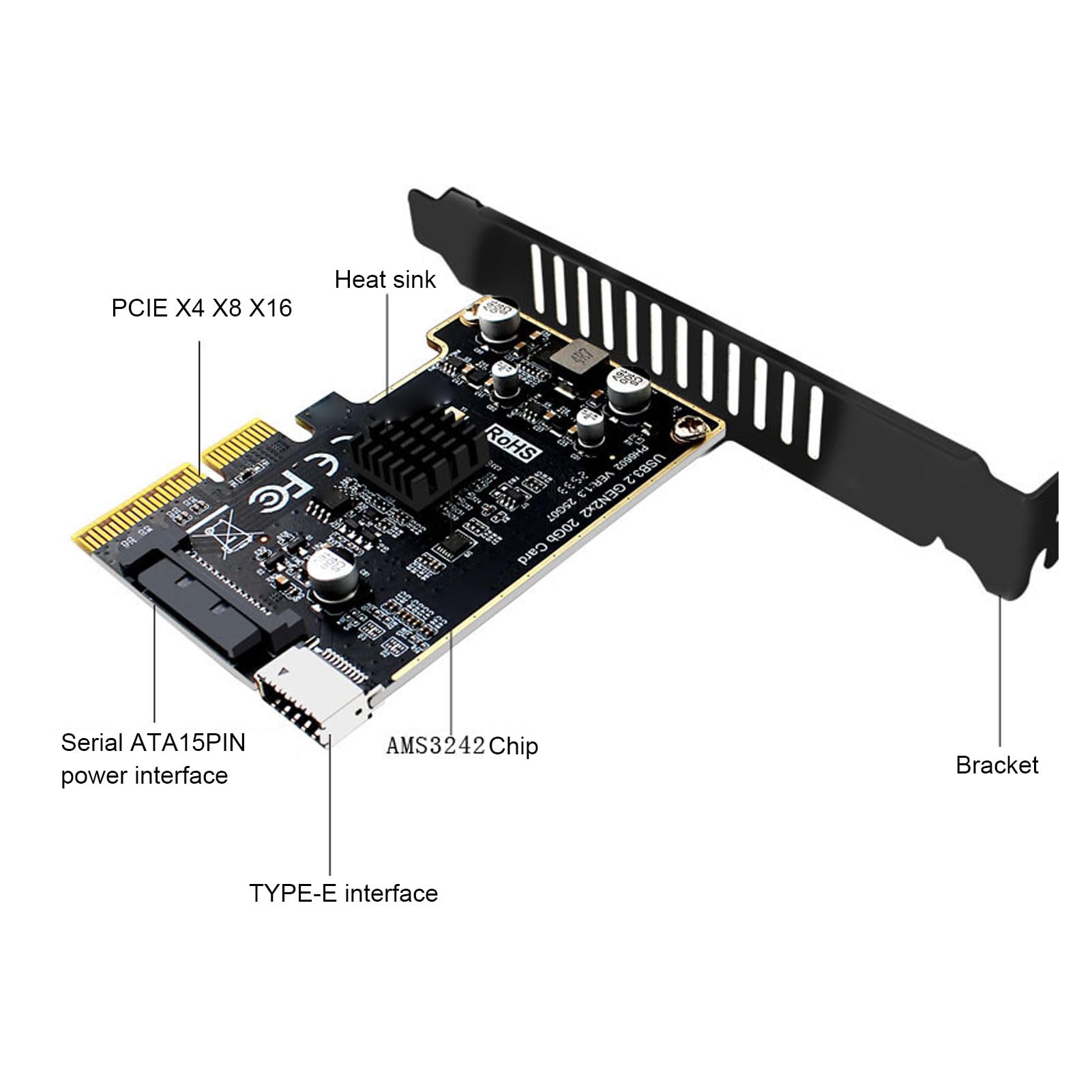 Karta PCIe USB C, Typ E, Przedni Typ C, 20 Gb/s, PCIe na USB 3.0, 15-pinowa Karta rozszerzeń SATA, Adapter Złącza PCI Express na Panelu Przednim do Komputera Stacjonarnego PCI E