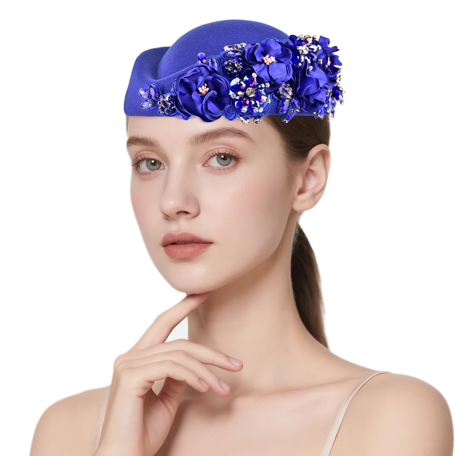 Shalitong European and American Retro British Felt Headscarf hat Women's Church Derby Headdress with Floral Women's Soft Beret (UK