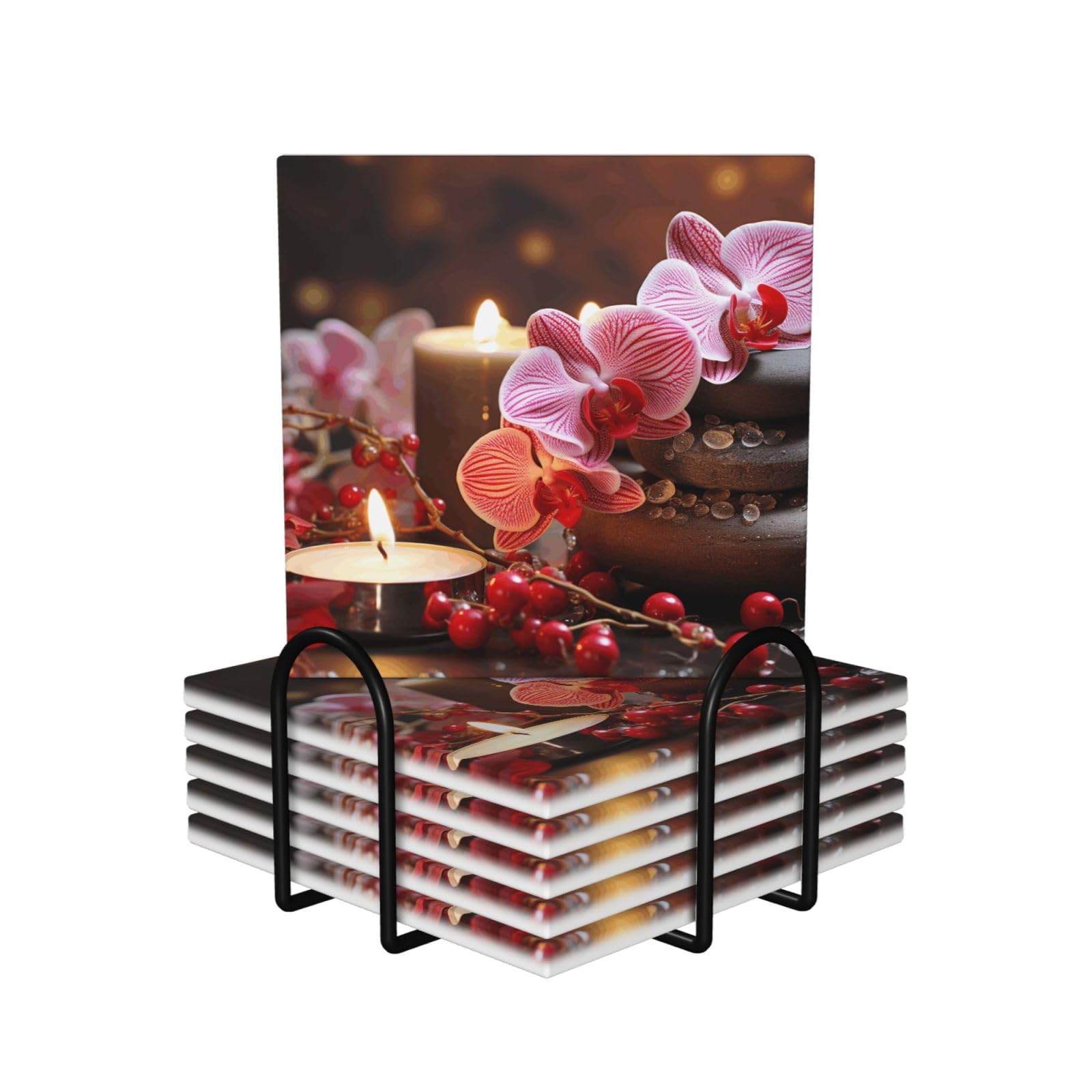 6Pcs Ceramics Coaster for Drinks, Pink Orchid Stone Red Candles Cup Coasters with Holder, Aesthetic Drink Coasters for Coffee Table, Absorbent Round Coaster for Tabletop Protection 4" Cup Mat Pad