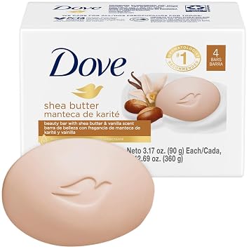 Dove Soap, Shea Butter & Vanilla Beauty Bar Pack 4 Soap Bars 3-in-1 Moisturizing Face, Body & Hand Soap, 3.17 Oz Ea