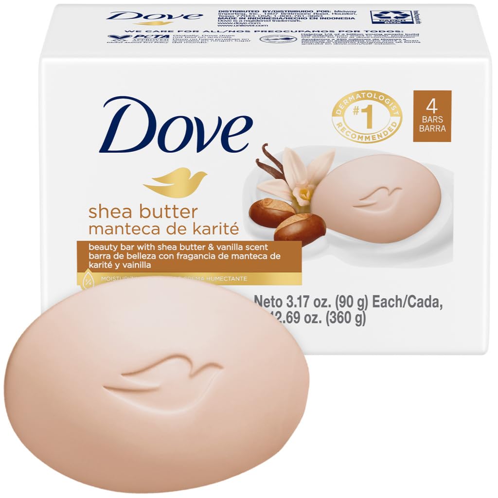 Dove Soap, Shea Butter & Vanilla Beauty Bar Pack (4 Soap Bars) – 3-in-1 Moisturizing Face, Body & Hand Soap, 3.17 Oz Ea