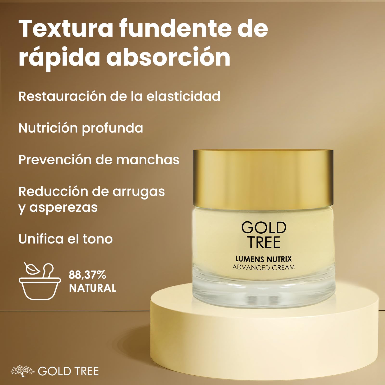 GOLD TREE Crema Antiedad Iluminadora Ácido Hialurónico 4D. Textura Media | Luminosidad, Firmeza y Confort – Piel Madura a Partir de 50 Años – Skincare Día y Noche – 50 ml
