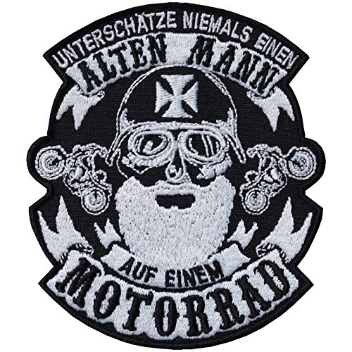 Toppa da cucire ricamata "Non sottovalutare mai un vecchio uomo su una moto", toppa da cucire | Toppa termoadesiva per moto e accessori per pelle | 100 x 85 mm