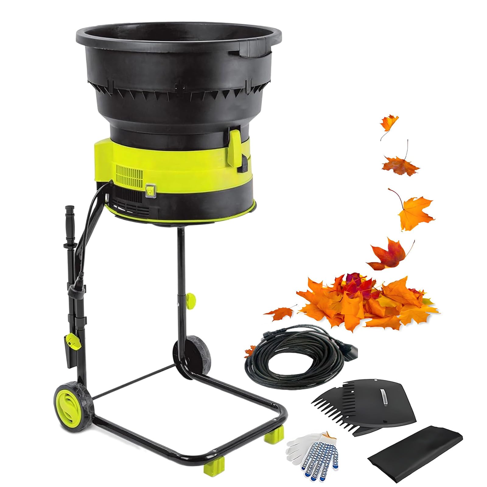 Trituradora eléctrica de hojas, trituradora de jardín con ruedas, rastrillo de hojas, bolsa de almacenamiento, 2500 W, 8000 rpm, embudo de 54 cm para limpieza de patio, compostaje