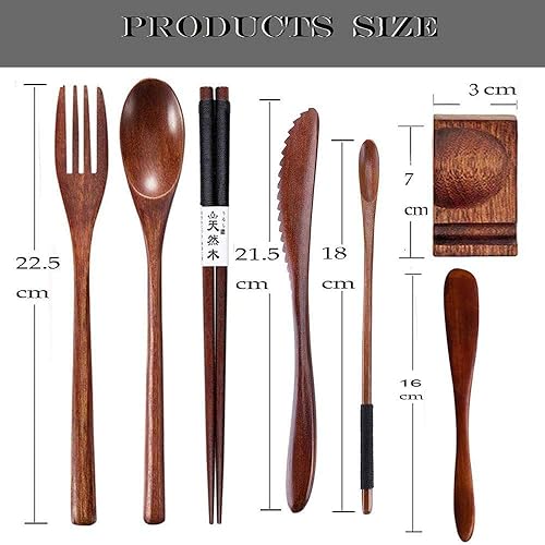 Miniatura 3 de Busnos Utensilios de madera reutilizables para comer, 8 piezas de cucharas de madera de viaje, tenedores, palillos, juego de cubiertos con estuche,