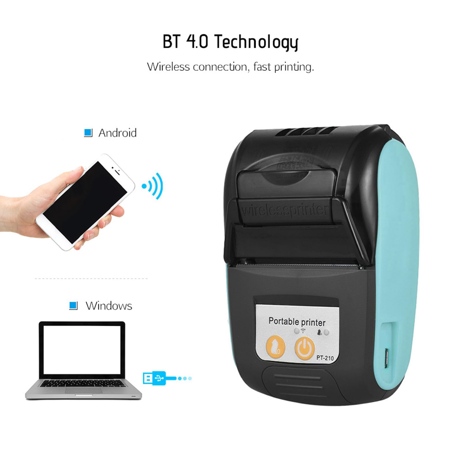 Tragbarer Thermodrucker Pt-210, 58mm BT-Belegdrucker Bondrucker für Einzelhandelsgeschäfte, Restaurants, Fabriken, Logistik, 1 Rollen Papier, Geeignet für iOS für Android