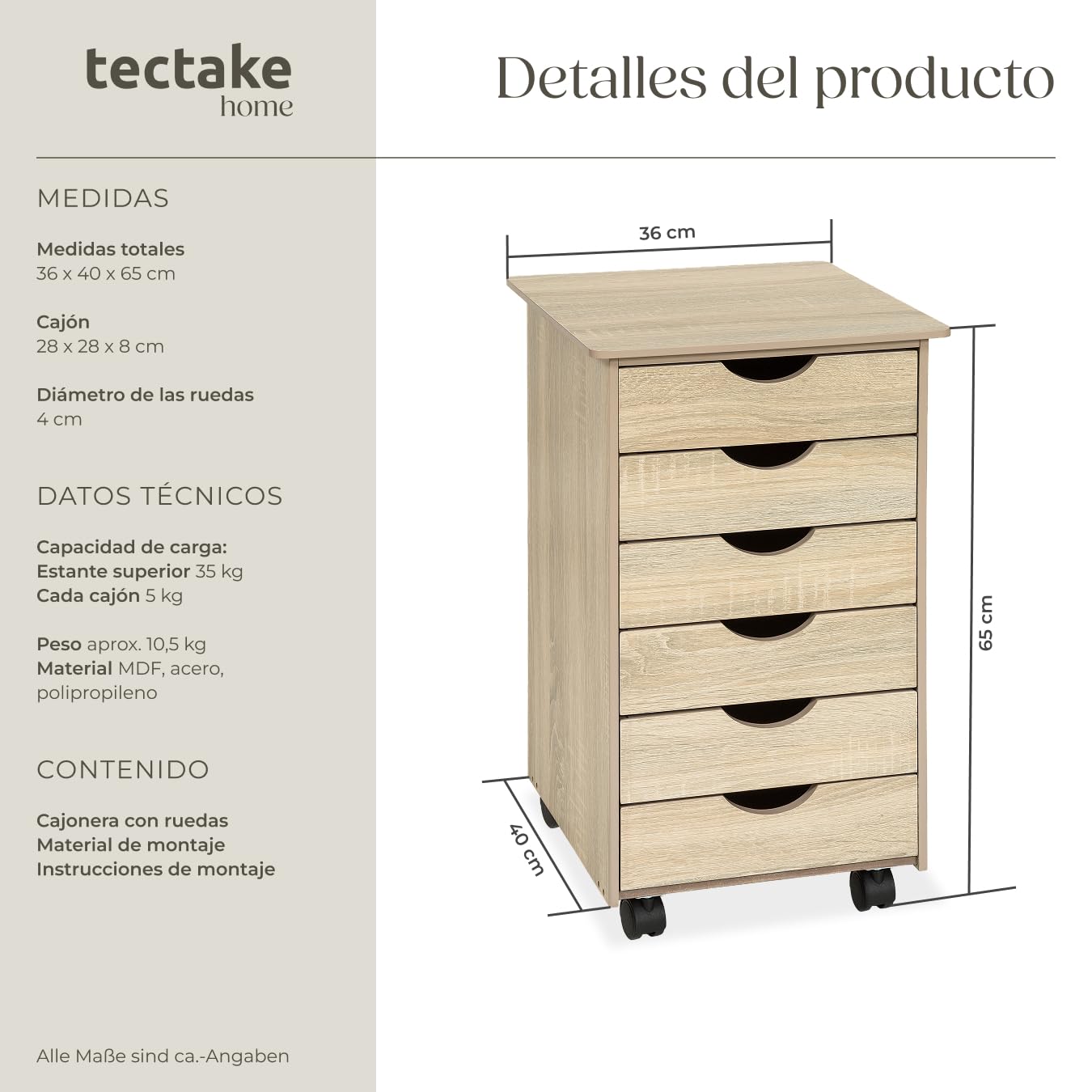 ectake® Cajonera Escritorio con 6 Cajones, Cajonera con Ruedas Giratorias, Estantería Almacenaje, Mueble Organizador Habitación Juvenil, Estrecha, Mueble Dormitorio - Madera Clara
