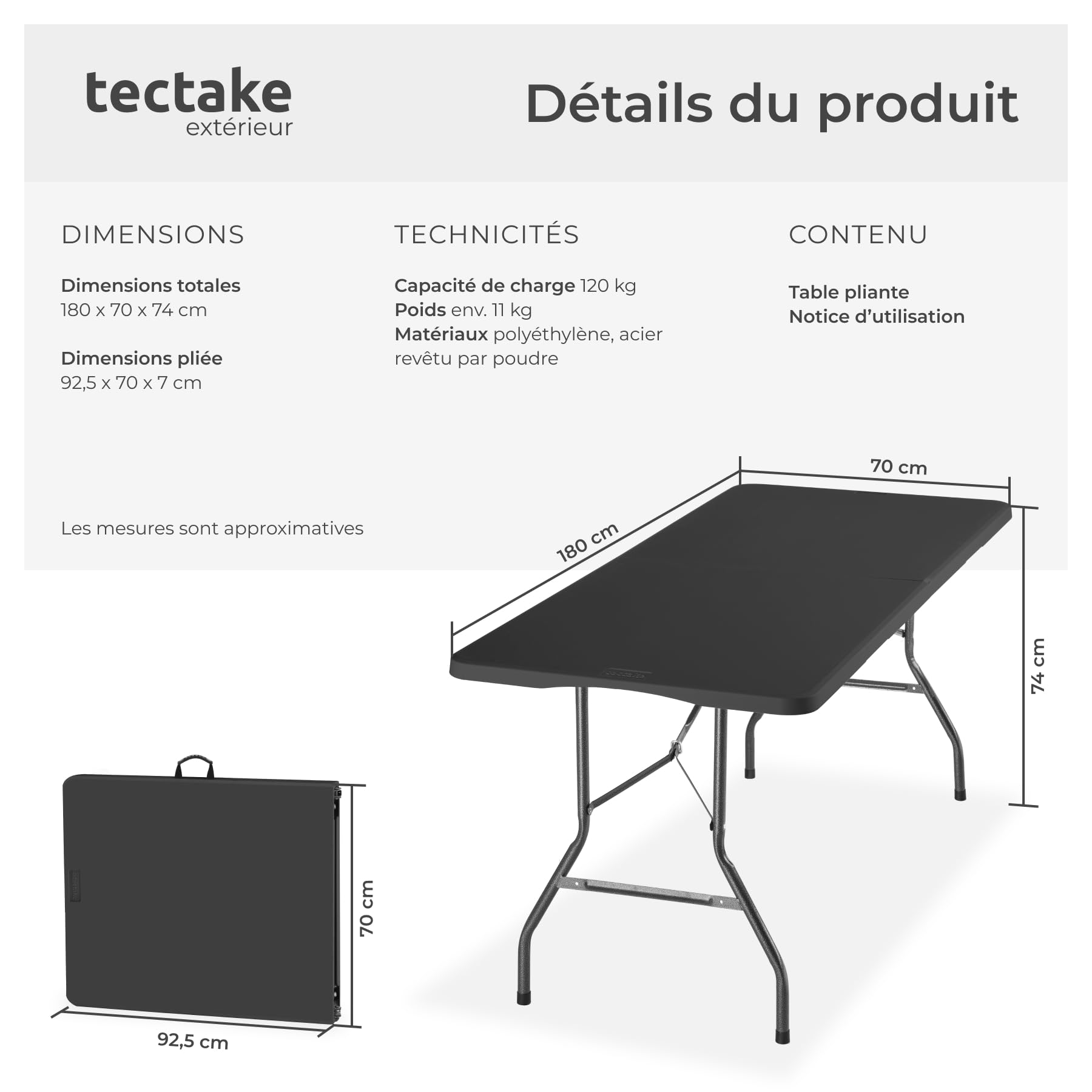 tectake® Table de Camping Pliable 180 x 70 x 74 cm, Plastique Robuste, Résistante aux intempéries, Charge Max. 120kg, Poignée de Transport caoutchoutée, Table de Pique-Nique, Jardin, Camping - Gris