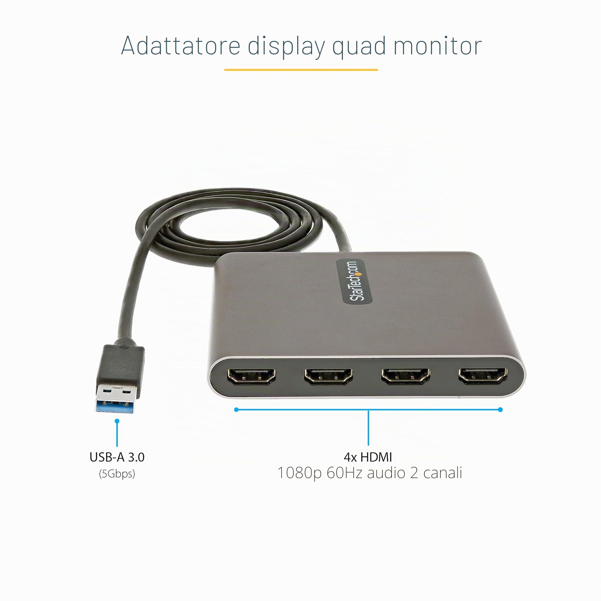 StarTech Adattatore USB 3.0 a 4 HDMI, Convertitore USB-A a 4 Monitor HDMI, Scheda Video Esterna, 4x 1080p 60Hz per Laptop e Desktop Windows, Bus Powered, TAA, Cavo da 1 m