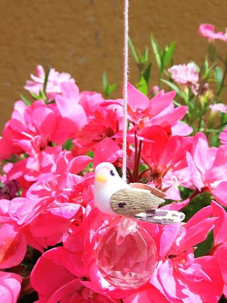 Pink Feng Shui Glass Hanger with Mini Dream Catcher and Paper Bird