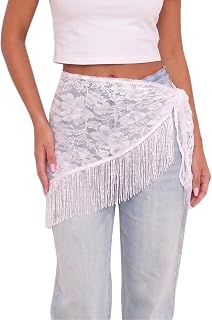 NVRENJIA Women Tie Waist Tassel Belt Lace Floral Fringe Hip Scarf Y2k Sheer Mesh Wrap Festival Boho Mini Cover Up