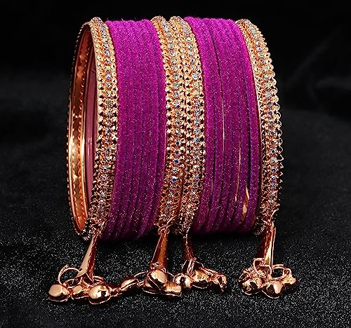 Image of NMII Metal with Zircon Gemstone and Velvet Studded Bells Latkan Bangles Set For Girls and Women I Latkan Bangles, Premium Bangle Bracelet Set I Pack of 16 Bangles