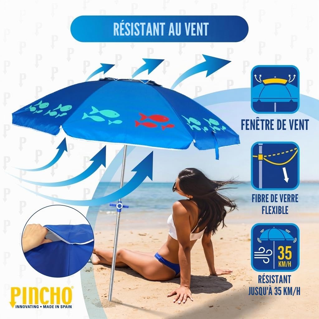 Pincho Parasol de Plage 200 cm, Aluminium, UPF+50 Bloque 99% de Rayons UV, 8 tiges en Fibre de Verre, très léger 1,5 kg, fenêtre supérieure, Couleur 1, Grande