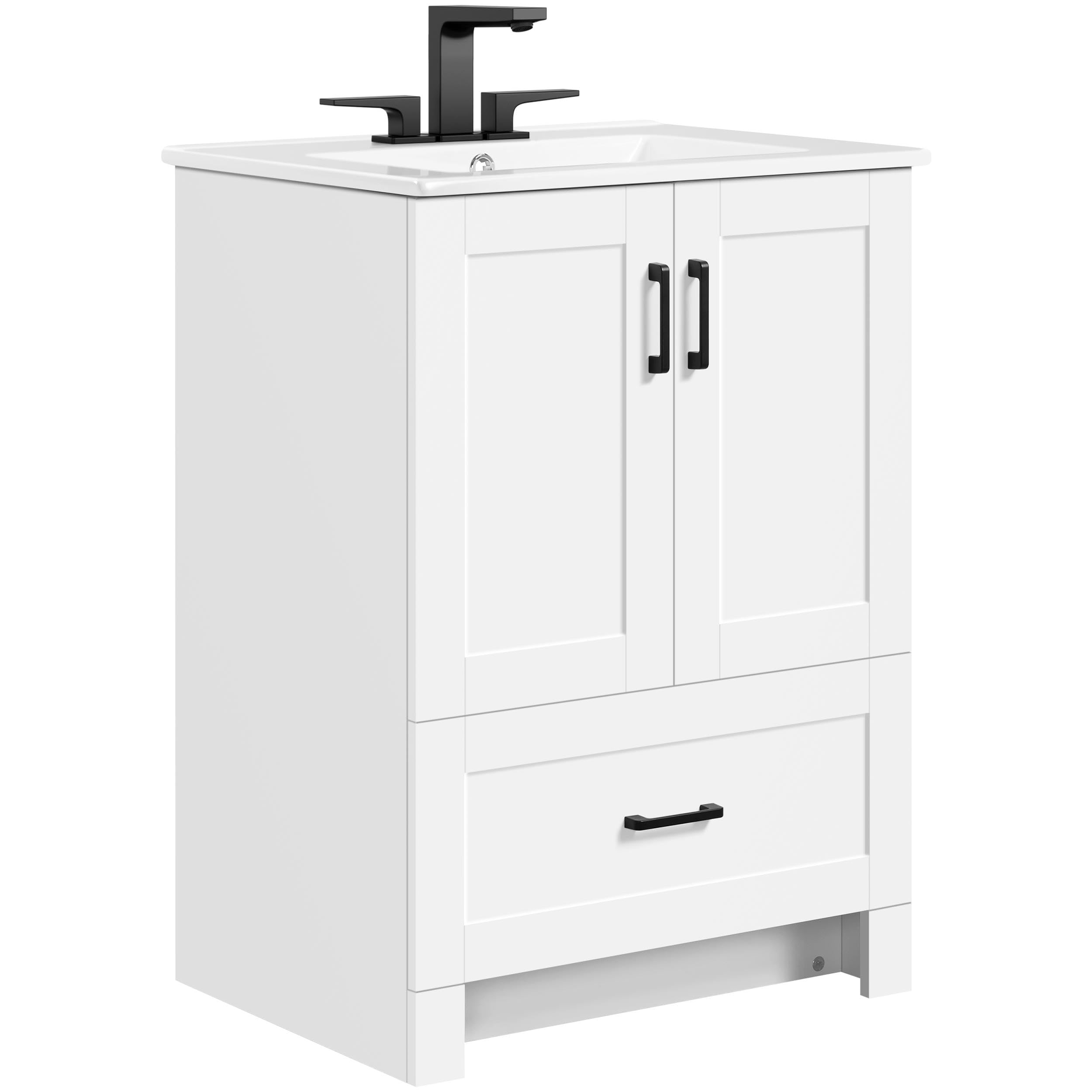 Yaheetech 24.5" Bathroom Vanity with Ceramic Sink, Bathroom Vanity Sink Cabinet with 2 Doors and 1 Drawer, Bathroom Vanities Floor Standing with Sink Combo Set, White