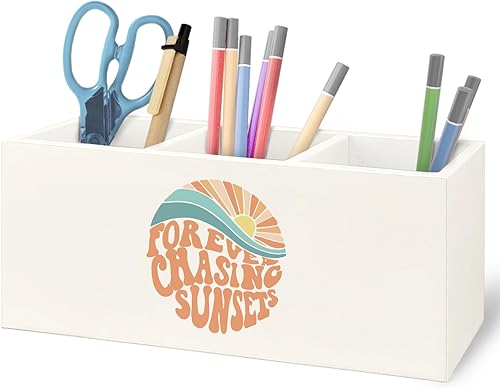 Portalápices retro bohemio de madera con sol de los años 70 para accesorios de escritorio de oficina, decoración de escritorio bohemia, Forever