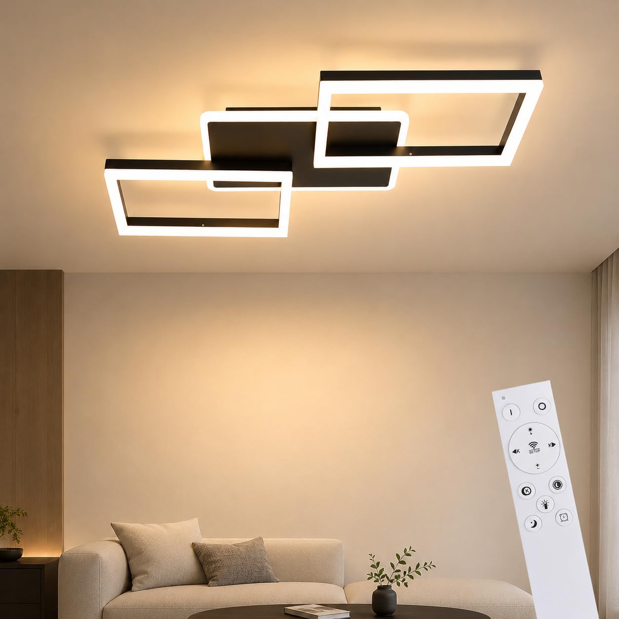ZMH LED Deckenleuchte Wohnzimmer dimmbar 54cm Deckenlampe Schlafzimmer 48W | Wohnzimmerlampe Schwarz modern Schlafzimmerlampe decke Küchenlampe mit Fernbedienung aus Metall für Küche Esszimmer Büro