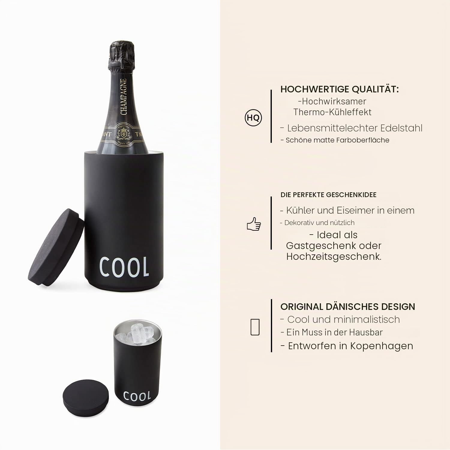 Design Letters Kühler & Eiskübel Schwarz 1.1 L | Ideal als Eisbehälter, Thermobehälter für eis | Weinkühler Doppelwandiger isolierter Edelstahl | Sektkühler, Getränkekühler | Sektkühler Edelstahl