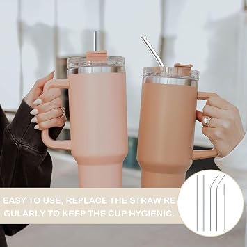 Stanley Cup Straw Replacement 4 Pcs Metal Straws for Stanley Cup 40oz Reusable Straw for Stanley Cup Accessories with Cleaning Brush (Curved + Straight)