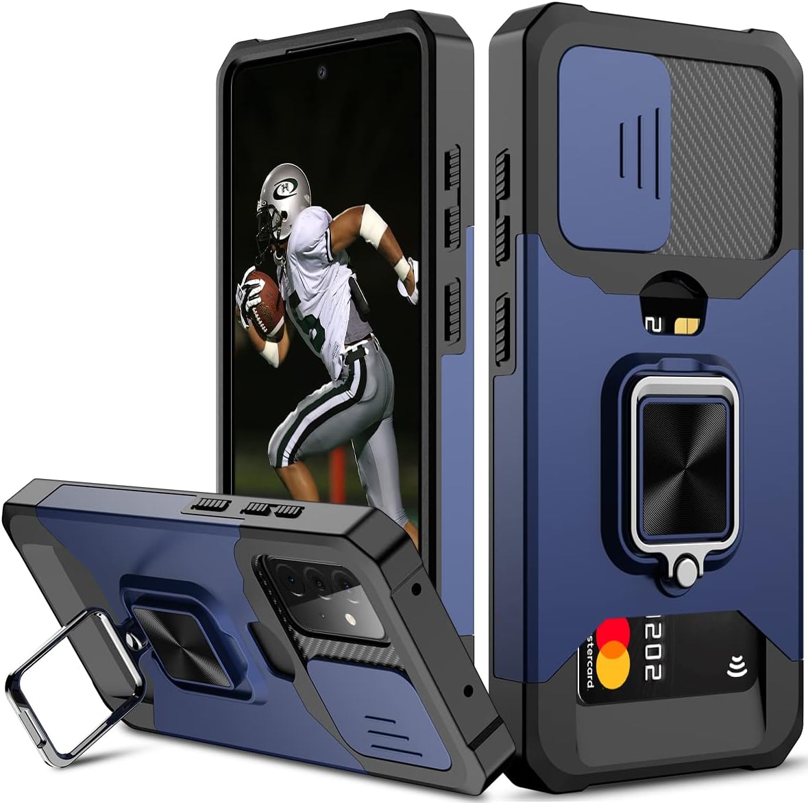 Nvollnoe for Samsung A52 Case with Sliding Camera Cover Heavy Duty Protective Galaxy A52 Case with Card Holder Magnetic Rotate Ring Kickstand Phone Case for Samsung A52 5G/4G(Blue)