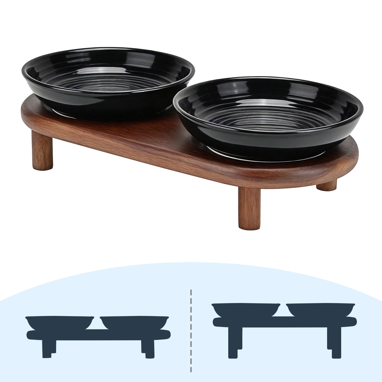 SPUNKYJUNKY Gamelle surélevée peu profonde pour chat avec support en bois d'acacia - Large gamelle surélevée en céramique - Convient aux moustaches - Assiettes de nourriture et d'eau pour animaux