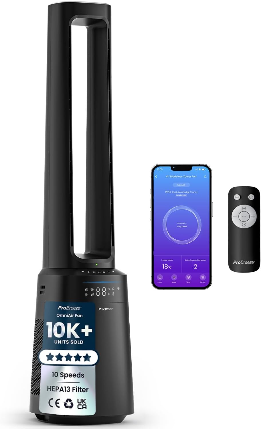 Pro Breeze® OmniAir 41" Smart Bladeless Tower Fan with Air Purifier - Silent Standing Portable Circulator with Remote Control, Wi-Fi, HEPA Filter, LED Display, 10 Fan Speeds, 5 Modes & 60° Oscillation