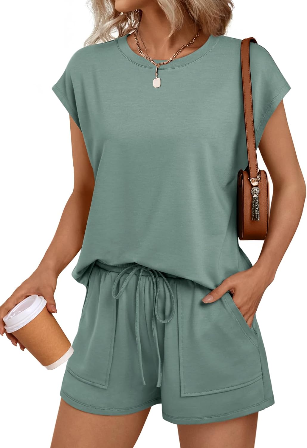 LILLUSORY Womens Crew Neck Cap Sleeve Drawstring Two Piece Summer short Sets Sweatsuit with Pockets