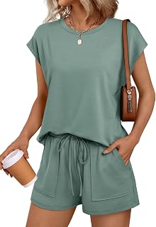 Womens Crew Neck Cap Sleeve Drawstring Two Piece Summer short Sets Sweatsuit with Pockets