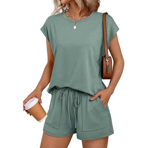 LILLUSORY Womens Crew Neck Cap Sleeve Drawstring Two Piece Summer short Sets Sweatsuit with Pocket