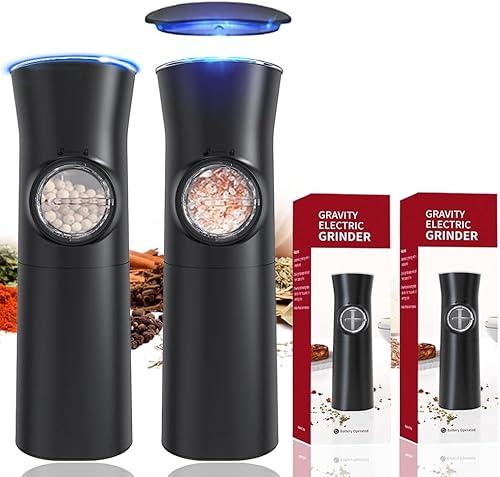 Gravity - Juego de molinillo eléctrico de sal y pimienta, molinillo automático de sal y pimienta, funciona con pilas, grosor ajustable, luz LED,