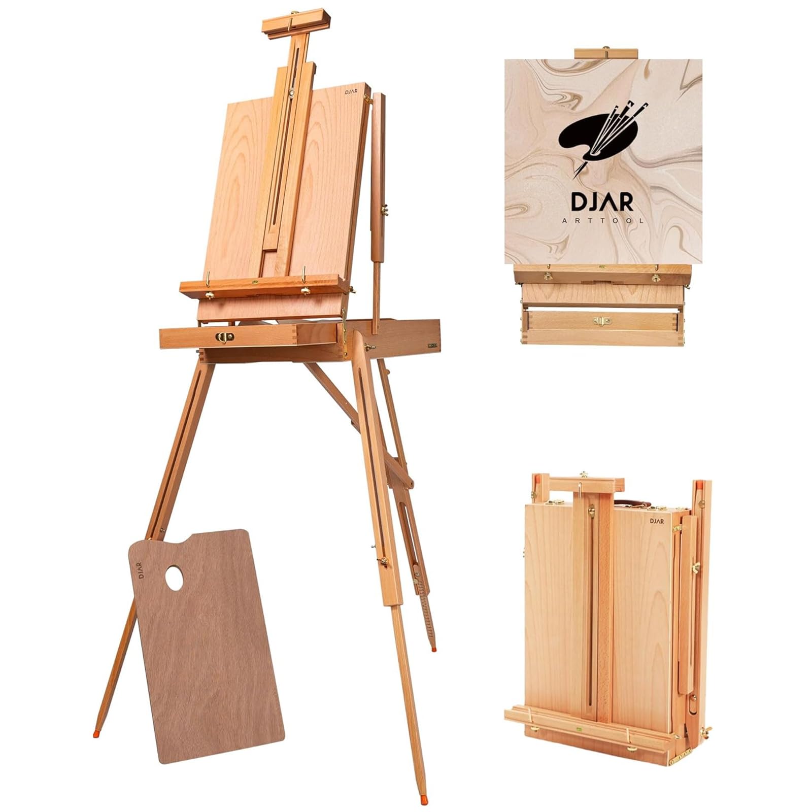 DJAR Französische Staffelei mit Schultergurt, Verstellbare Atelierstaffelei aus Buchenholz mit Schublade, Integrierter Palette, Hält Leinwände bis 86 cm, Natur
