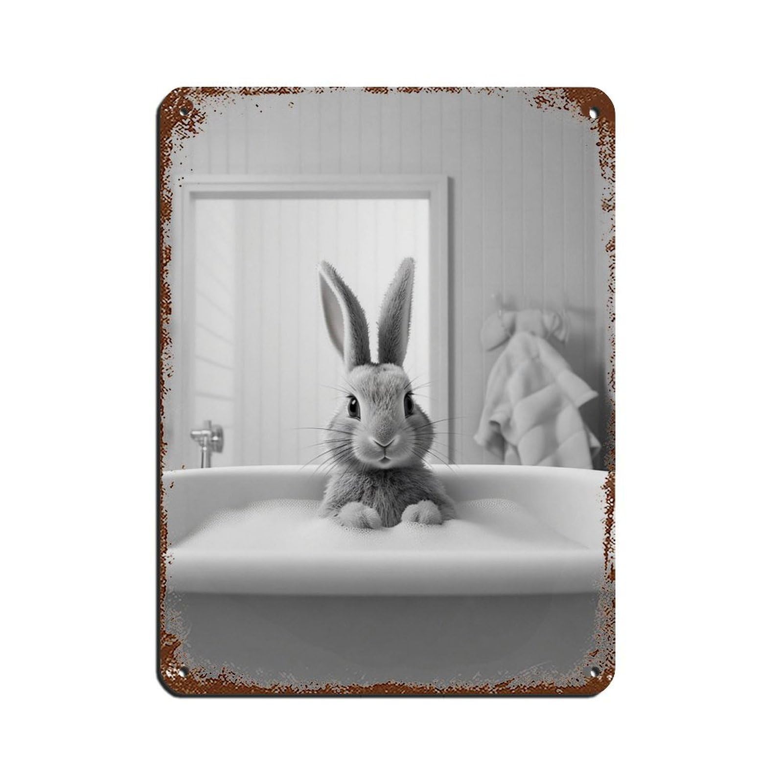 Adorable Rabbit in Tub Bathroom Art Poster Tin Sign Vintage Metal Pub Club Cafe Bar Home Wall Art Decoration Poster Retro 12x16inch(30x40cm)