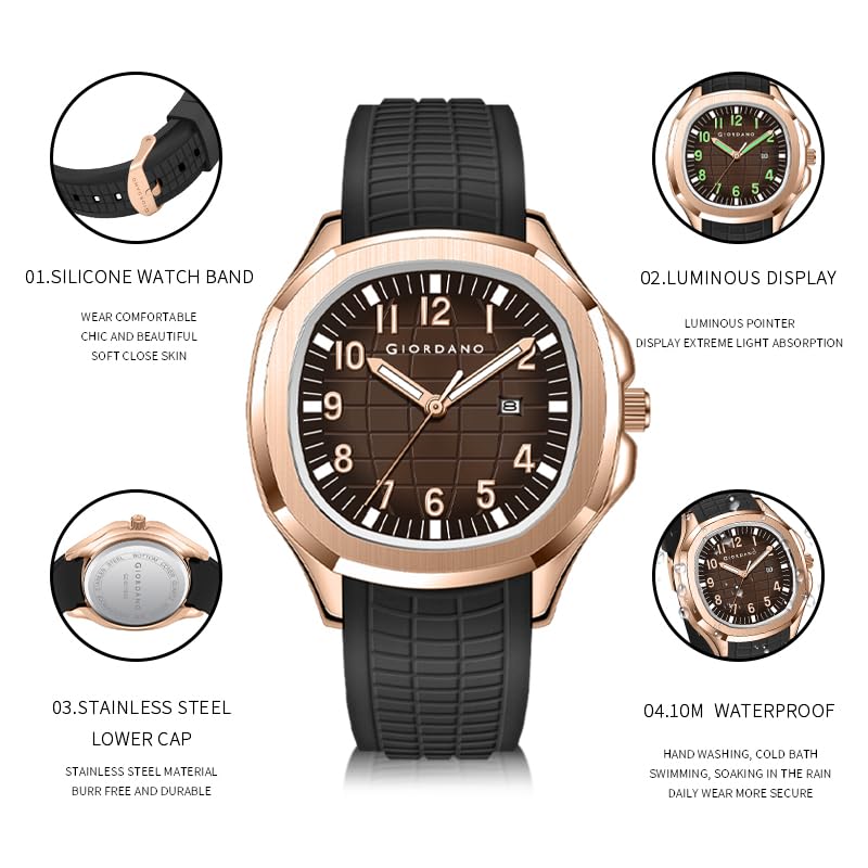 Image of GIORDANO Analog Watch for Men - Textured Dial, Stainless Steel Strap, Date Display, Quartz Movement, Water Resistant