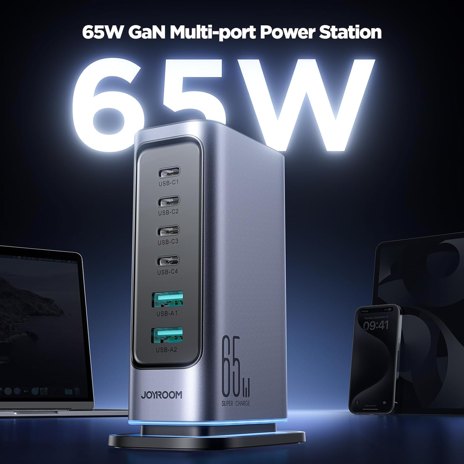 JOYROOM JR-TCM02 65W ładowarka USB Block 6-portowa GaN ładowarka do telefonu stacjonarnego - czarna