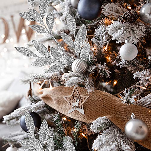 6 Pcs Silver Glittered Artificial Leaf Spray Leaf Picks 24" Tall For Christmas Winter Wedding Wreath Tree Swag Floral Arrangment Vase Bouquets Table Centerpieces Decoration #TOP4