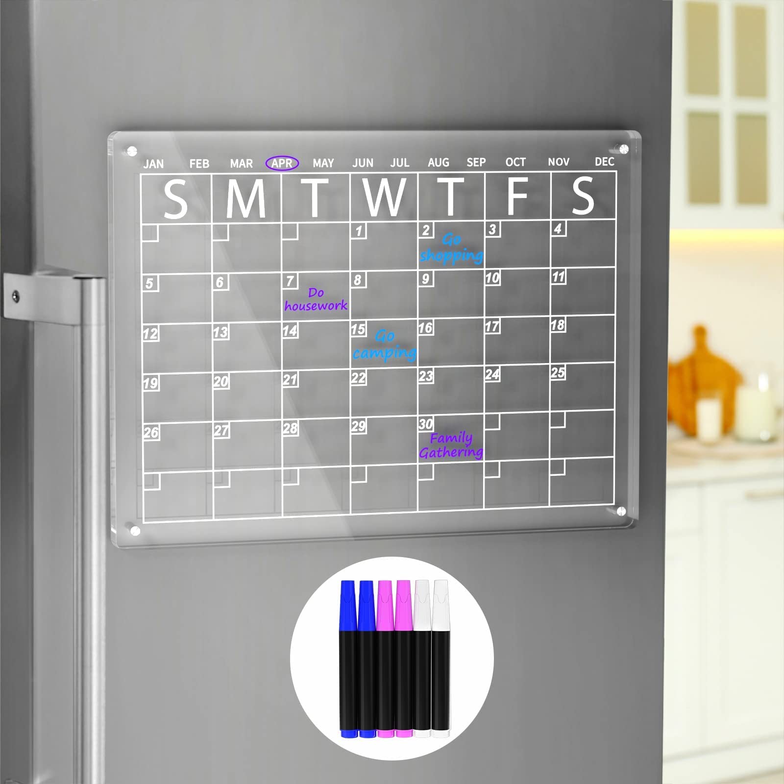 THE WHITE SHOP Acrylic Magnetic Dry Erase Board Calendar for Fridge, 17"x12" Inches Clear Dry Erase Calendar for Refrigerator Includes 6 Dry Erase Markers with 3 Colors