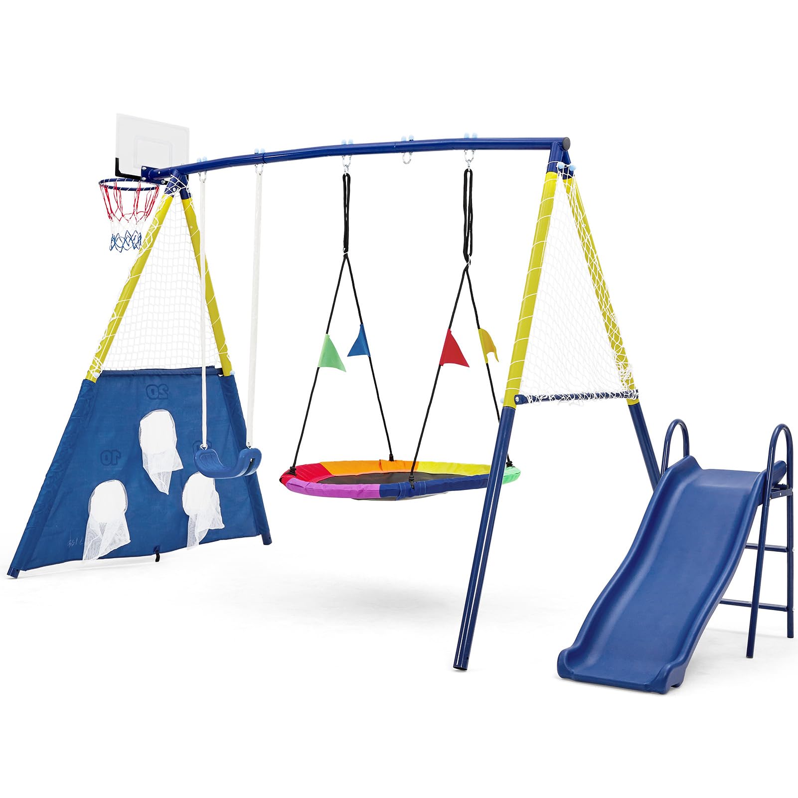 5-in-1 Kids Swing Set - 150kg Load Capacity Heavy Duty Metal Frame with Nest Swing for Kids & Adults, Basketball Hoop, Soccer Goal & Kids Slide with Metal Support, Robust Chain Swingset, Yellow & Blue