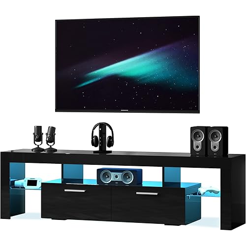 Entrintou Black Modern LED TV Stand for 55/60/65 Inch TVs with LED Lights, Entertainment Center with Open Shelves and Large Storage, Universal TV Table Media Console for Living Room Bedroom