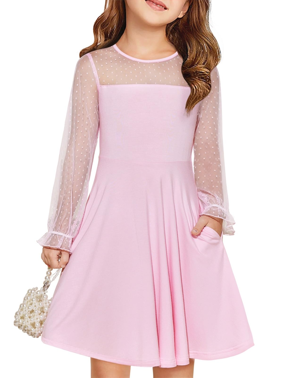 Haloumoning Abito da principessa per bambini, a contrasto, a maniche lunghe, elegante, linea ad A, girocollo, con tasche per 6-14 anni
