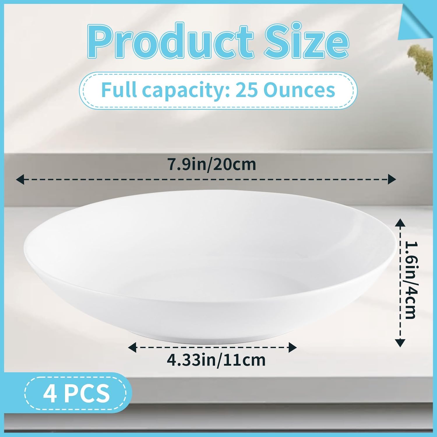 Pasta Bowls, 4 Pack, White, 7.9 Inch, 25 Oz | Porcelain Ceramic Serving Bowls, Salad Soup Pasta Bowls, Microwave Dishwasher Safe