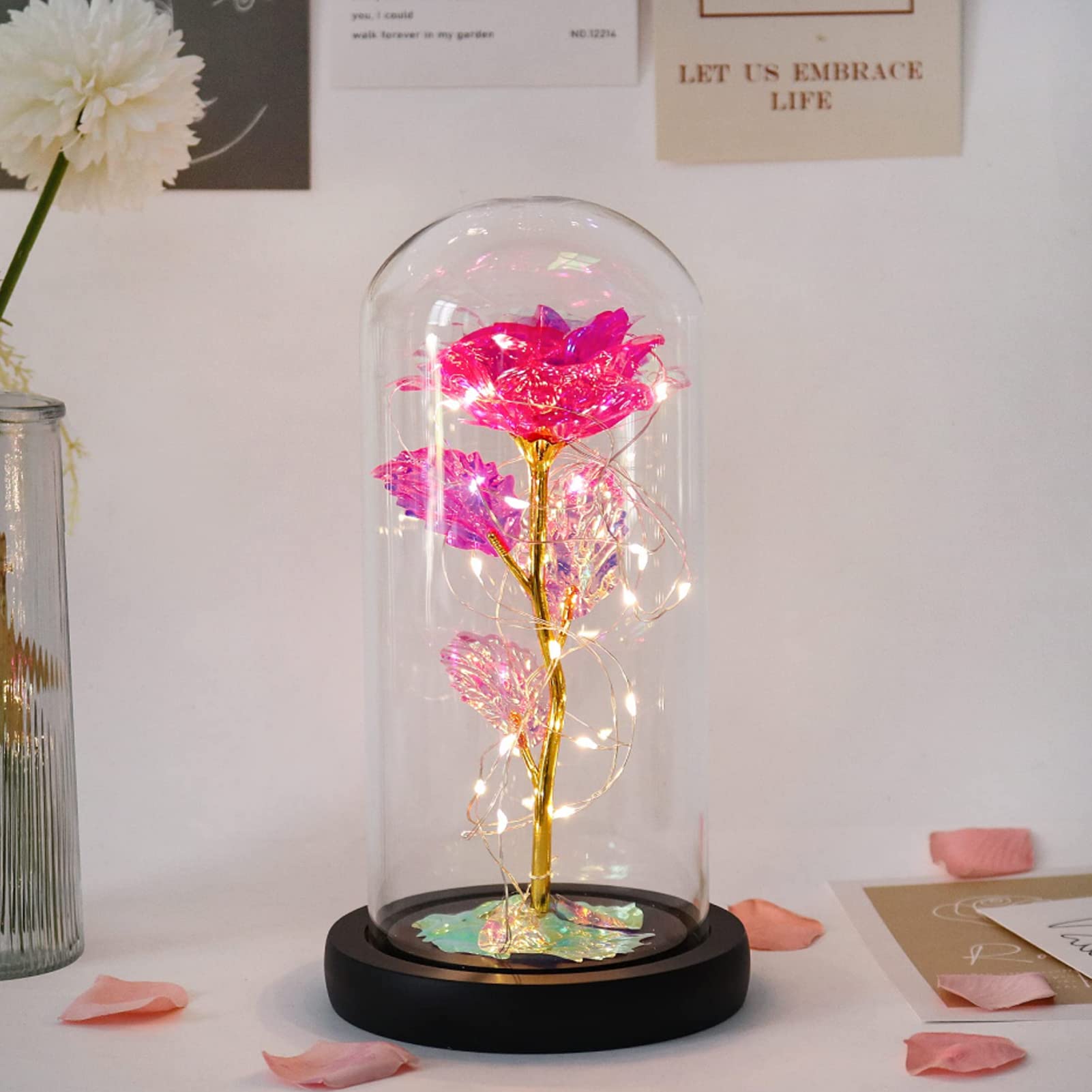 Galaxy Rose Regalo di San Valentino per Lei, Fiori di Rosa con Luce a LED, Fiore Artificiale Rosa Regalo per Donne Mamma Moglie, Fiore Rosa in Cupola di Vetro Regalo per Festa della Mamma, Compleanno