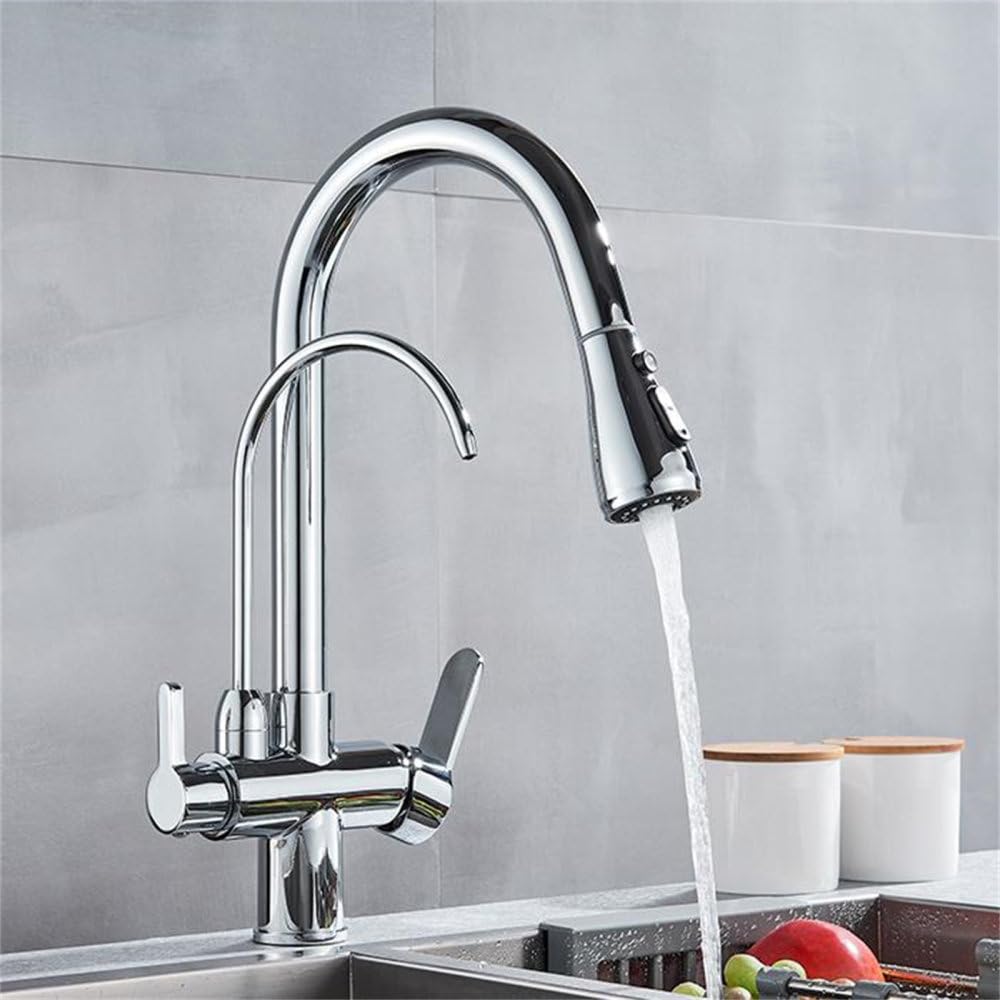 MXXQRHF Mixer Faucet Kitchen Faucet 360° Rotatable Faucet Kitchen Spiral Spring Faucet Pull-Out with Pure Water Deck Installation,Chrome