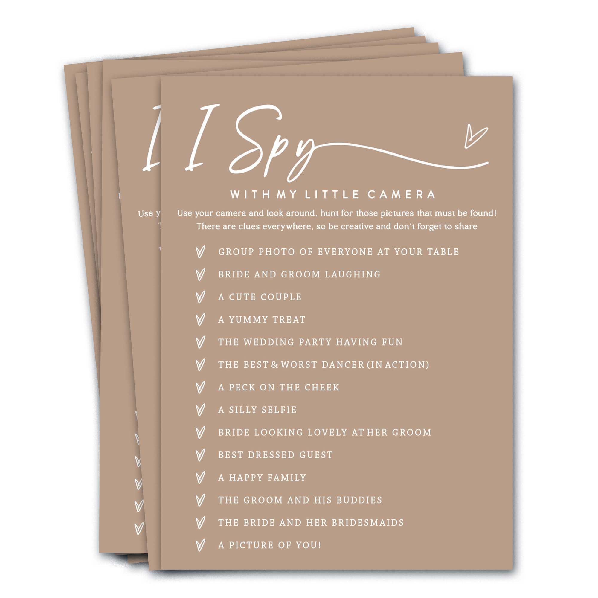 Bridal Shower Games Cards - I Spy With My Little Camera for 25 Guests, Engagement Party Wedding Game, Minimalist Brown Party Supplies - D02