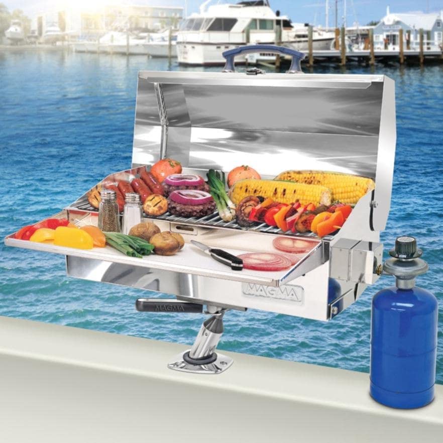 Magma Cabo Grill - Marine-Grade Stainless Steel Barbecue Grill for Boats - Portable Propane Gas with 9”x18” Grilling Surface - Heat-Resistant Handle, Fold-Away Legs - Ideal Boat Accessory