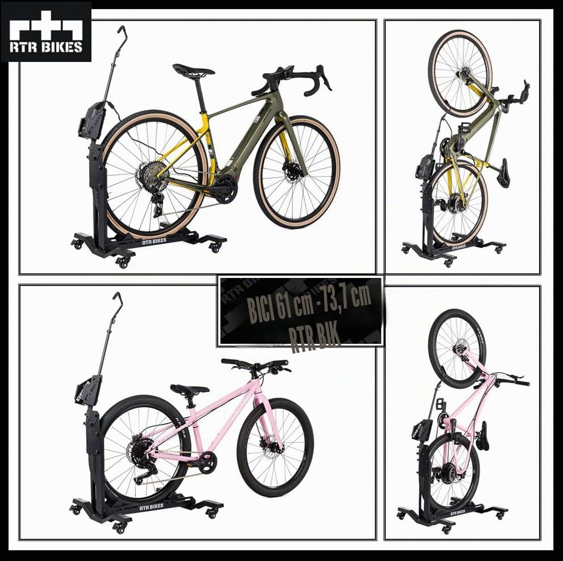 RTR BIKES Brutus Up Pro Cavalletto Bici Mobile con Ruote – Postazione Ricarica E-Bike con Porta Caricabatterie – Supporto Verticale fino a 30kg – Gomme 3,5" – Made in EU