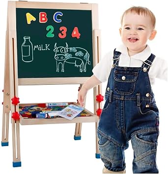 Wooden Art Easel for Kids (Double Sided) - Standing Magnetic Whiteboard Chalkboard Small Toddler Toys PM-048-K