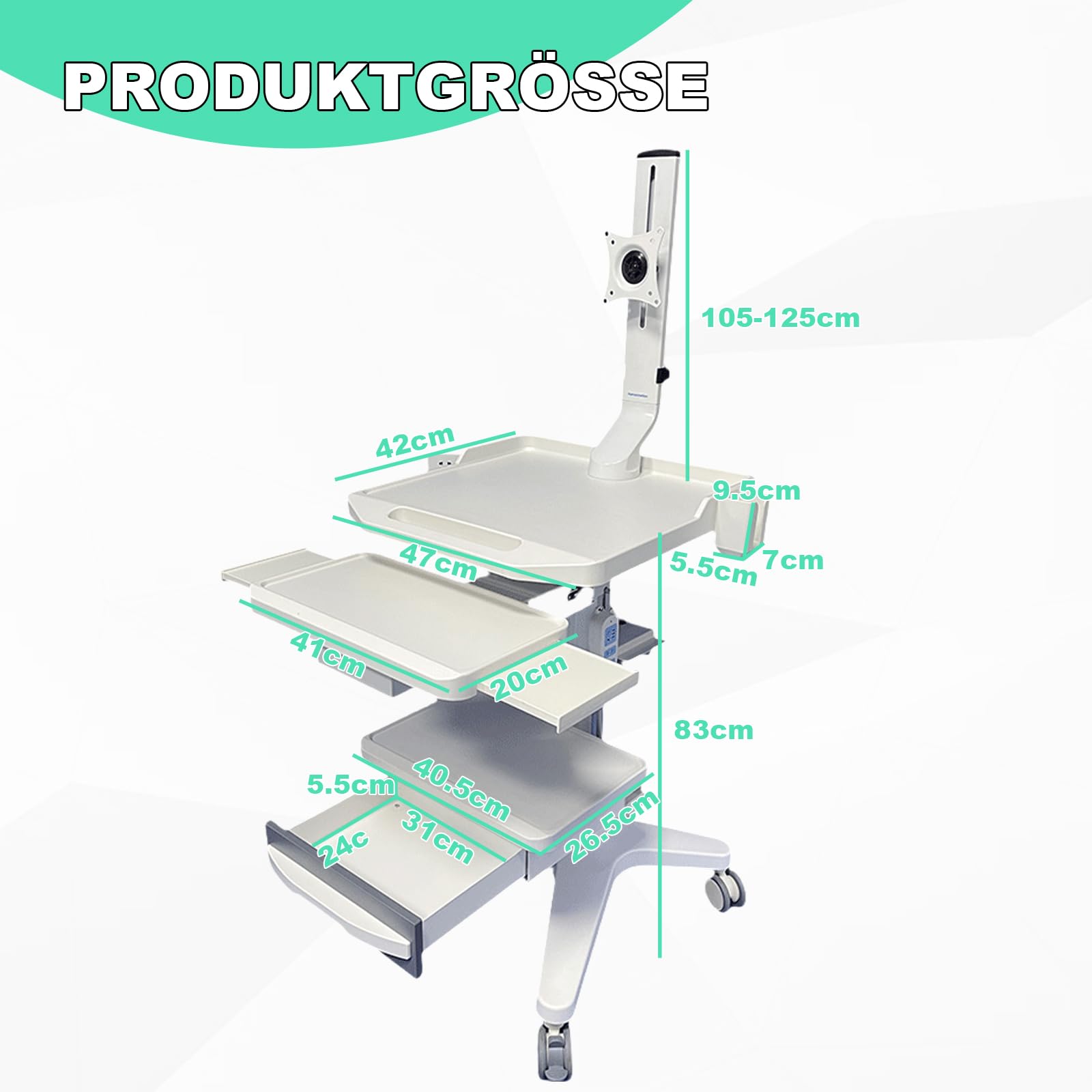 Wózek medyczny do szpitali, klinik stomatologicznych, laboratoriów i salonów kosmetycznych - blat z tworzywa sztucznego ABS, rama ze stopu aluminium, 3 ciche kółka, uchwyt na monitor